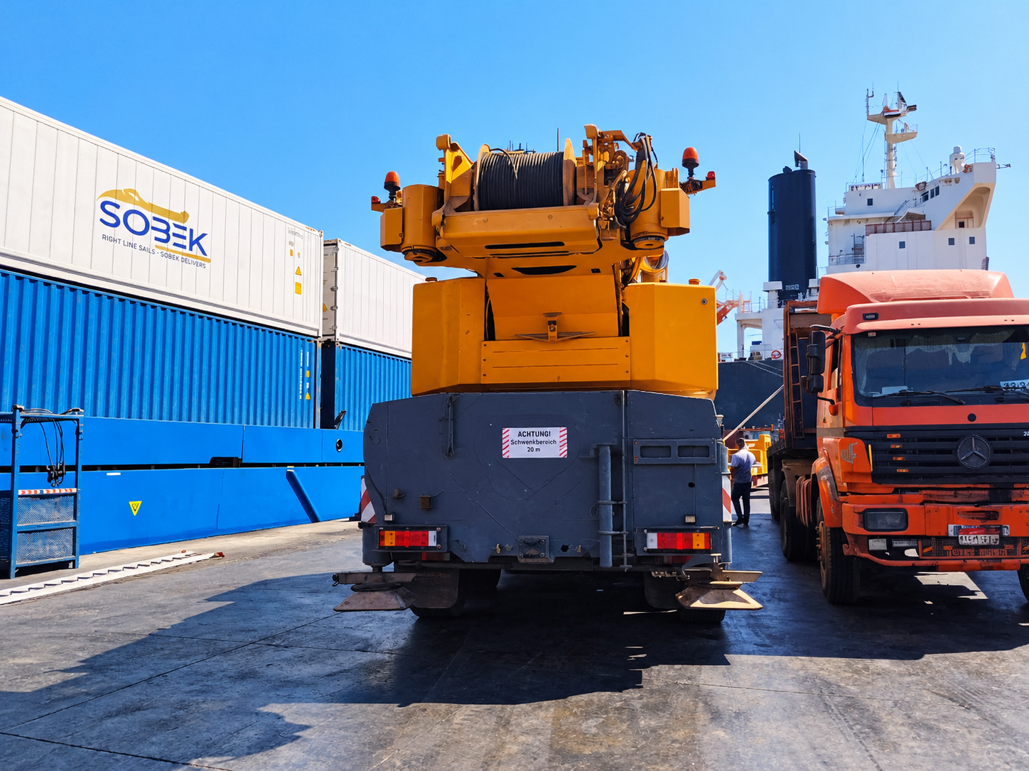 Rear view of a mobile crane on the quay