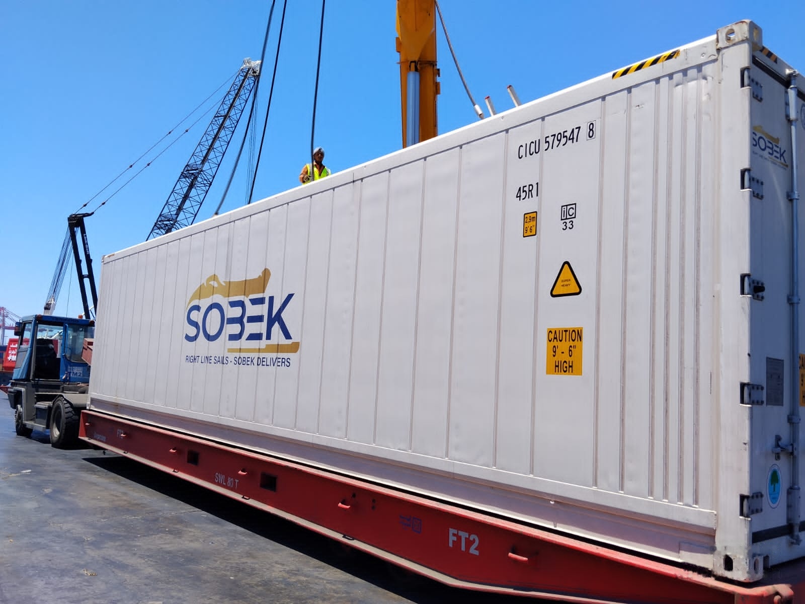 Close view of a white Sobek reefer container